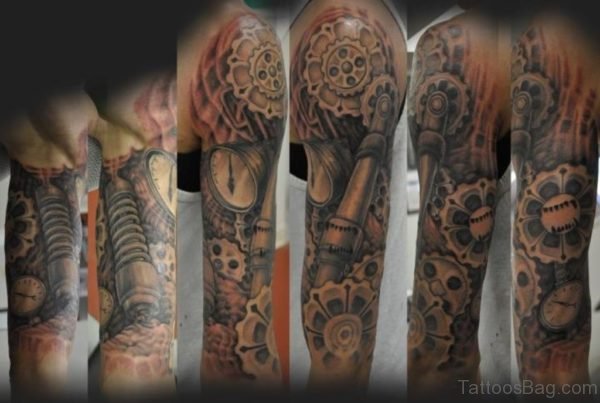 Fantastic Mechanical Tattoo On Full Sleeve 