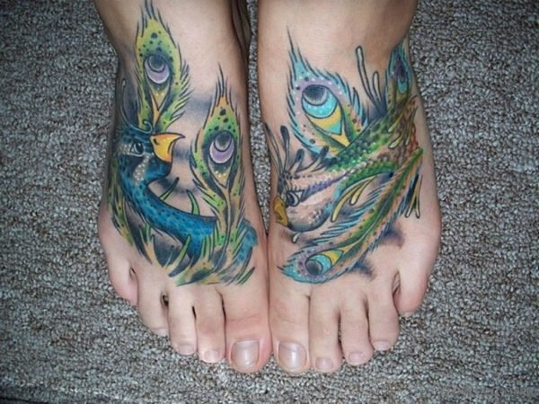 Feather And Peacock Head Tattoos On Feet
