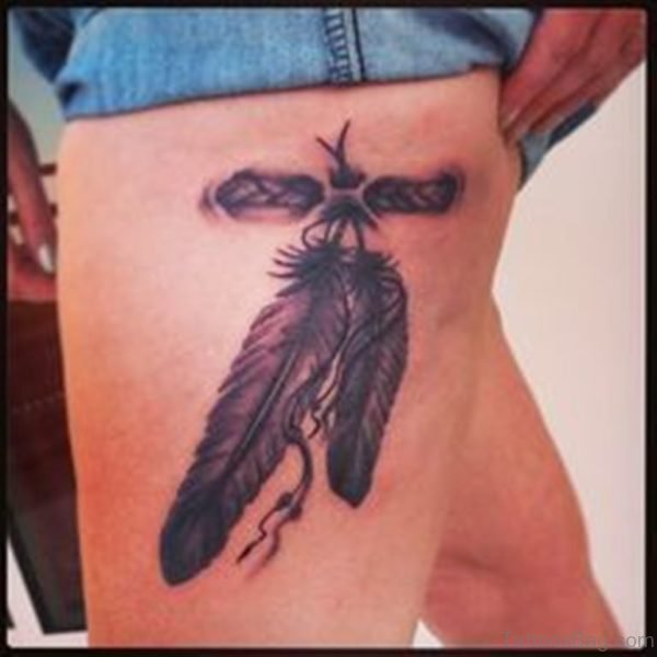 Feather Tattoo Design On Thigh