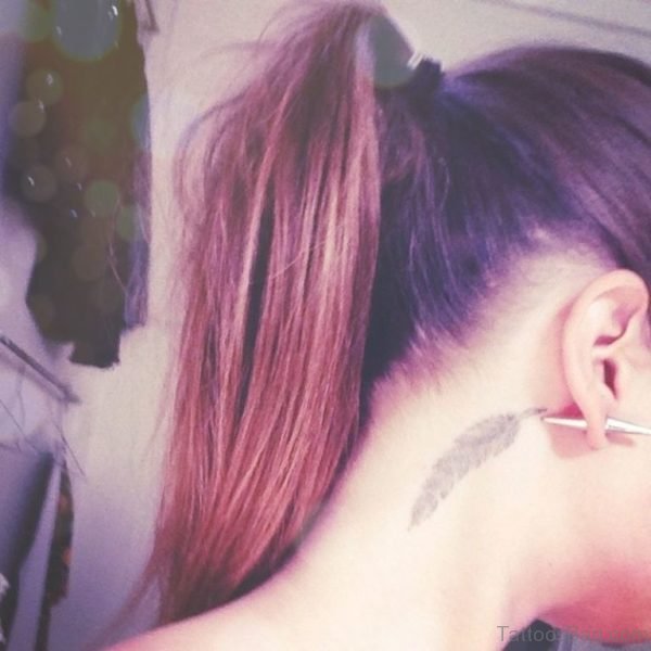 Feather Tattoo On Girl Nape