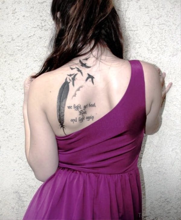 Feather With Birds Tattoo On Back Shoulder