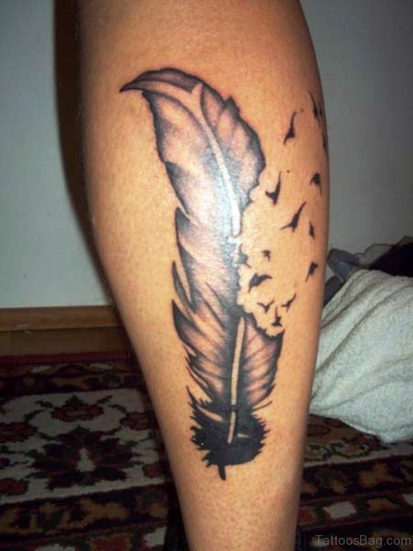 Feather With Birds Tattoo On Calf