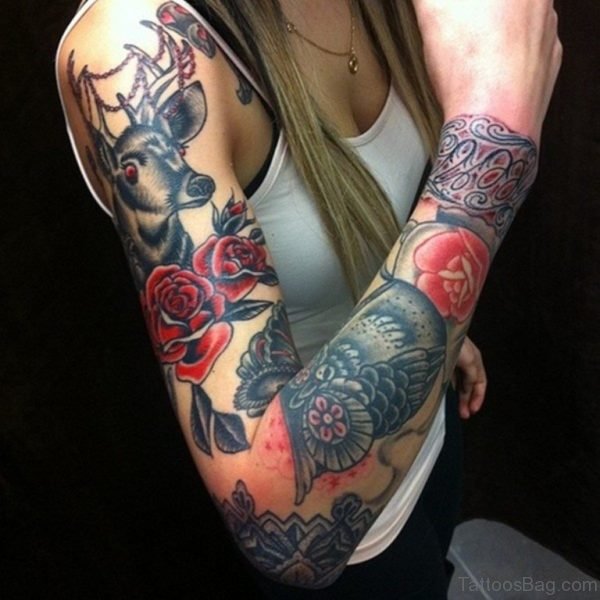Flower Tattoo Design On Full Sleeve 