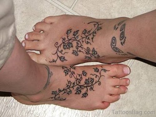 Flower Vines Tattoo Design On Foot 