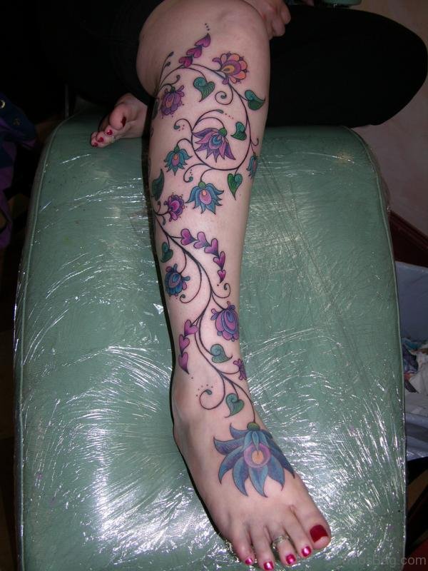 Flower Vines Tattoo Design On LEg 