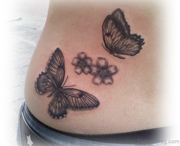 Flowers And Butterflies Black And White Tattoo On Waist