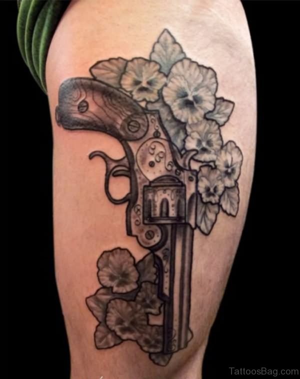 Flowers And Gun Tattoo