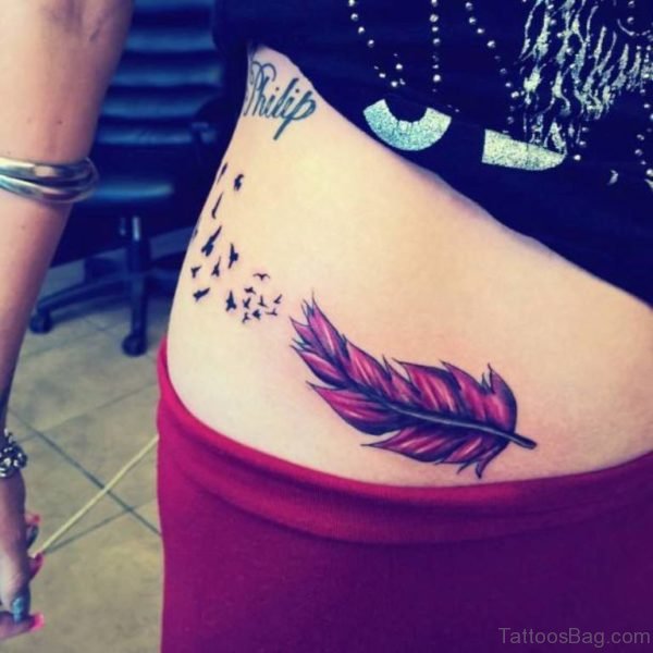 Flying Birds And Feather Tattoo On Waist