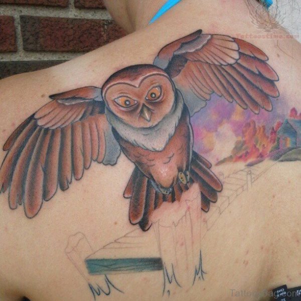 Flying Brown Owl Tattoo On Shoulder