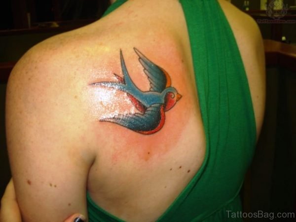 Flying Colorful Tattoo On Back Shoulder