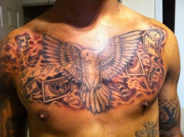 Flying Dove And Grey Ink Cards Chest Tattoo 