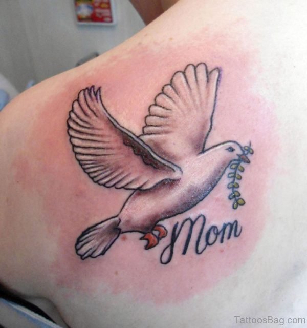 Flying Dove And Mom Tattoo On Left Back