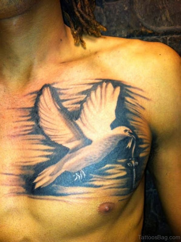 Flying Dove With Cross Tattoo On Man Chest 1