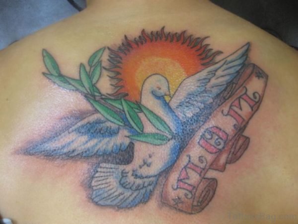 Flying Dove With Mom Banner Tattoo On Back