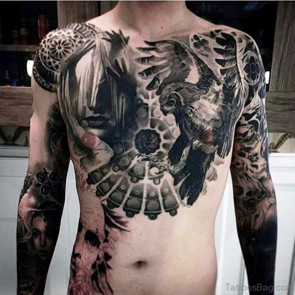 Flying Eagle Tattoo On Chest