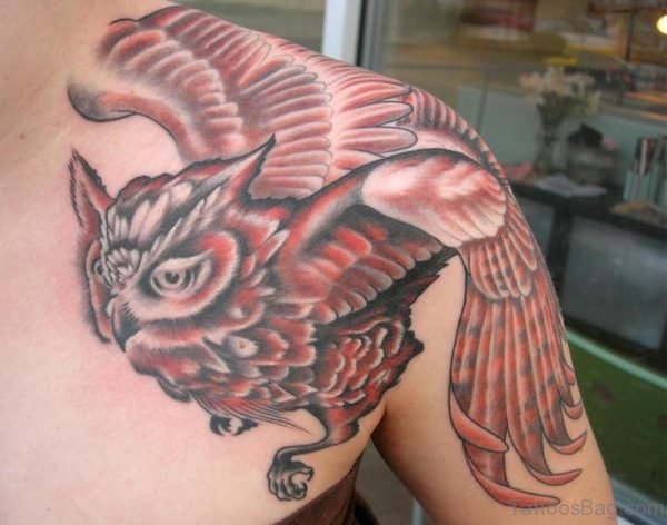 Flying Red Owl Tattoo On Shoulder