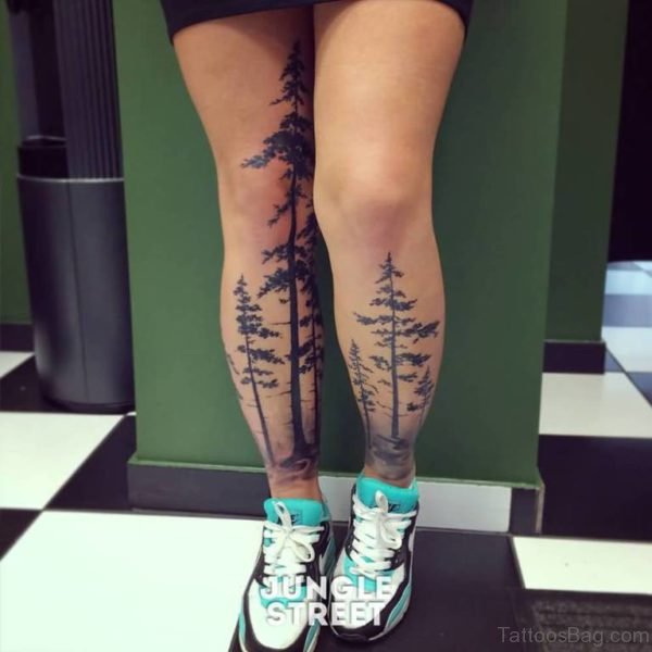 Forest Trees Tattoos On Both Legs