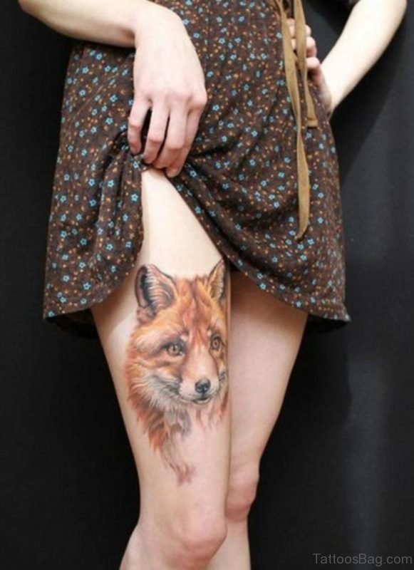 Fox Face Tattoo On Thigh