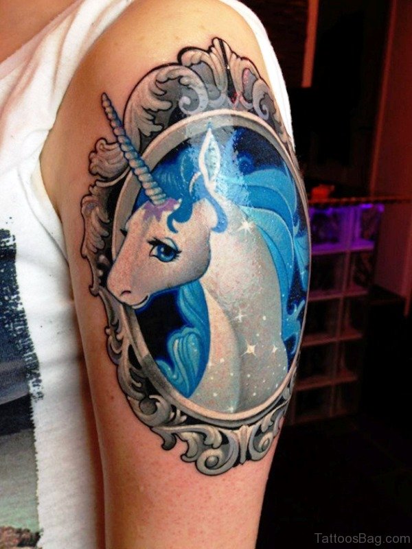 Framed Unicorn Tattoo On Shoulder