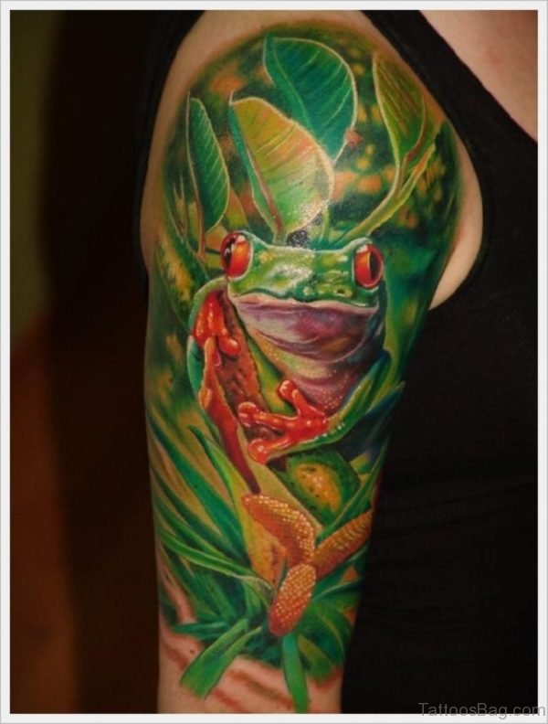Frog And Green Leaf Tattoo