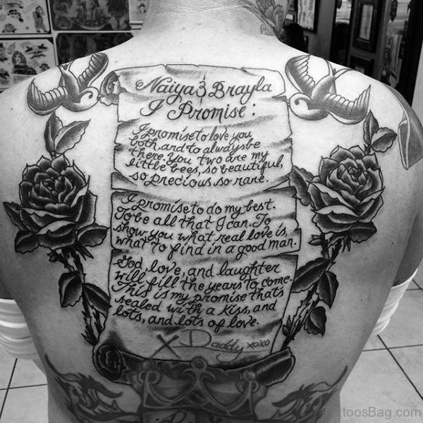 Full Back Scroll Tattoo With Roses Design