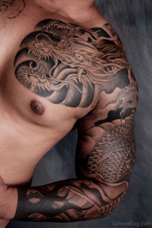 Full Sleeves Balck Ink Shoulder Tattoo