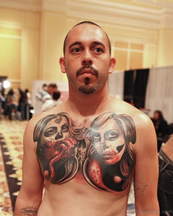 Funky Tattoo Design On Chest