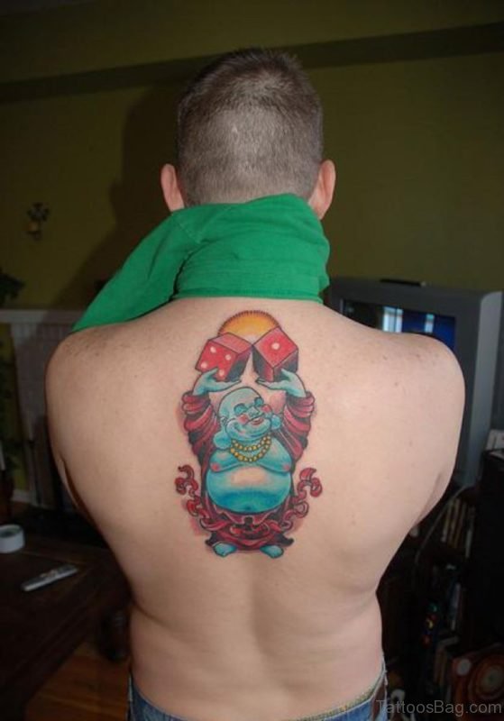 Funny Buddhist Tattoo On Upper Back