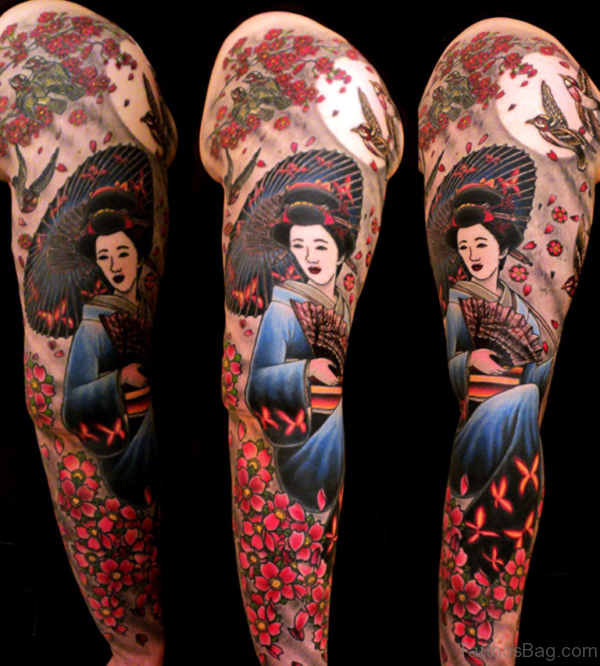 Geish Tattoo DGeisha Tattoo Design On Full Sleeve esign On Full Sleeve TB1088