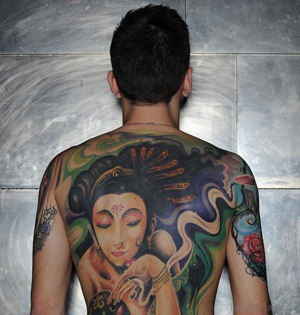 Geisha Tattoo On Full Back Body 
