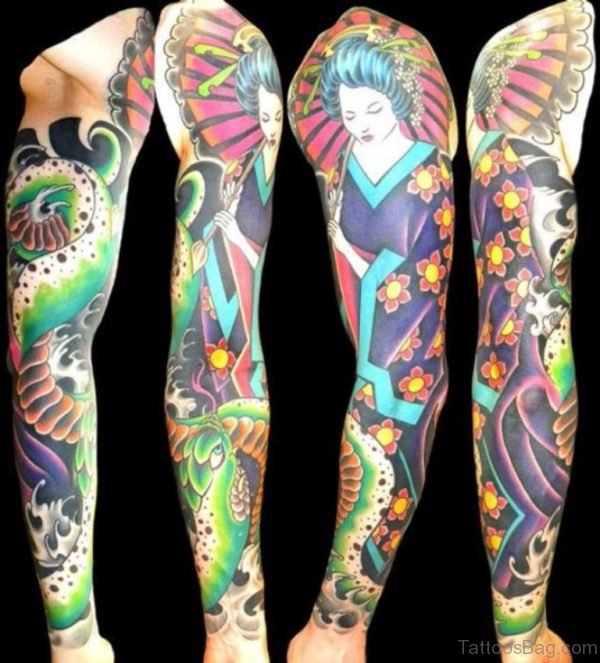 Geisha Tattoo On Full Sleeve 