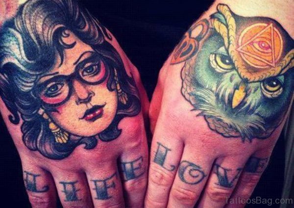 Girl Face And Owl Tattoo