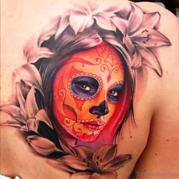 Girl Face Tattoo On Back Shoulder