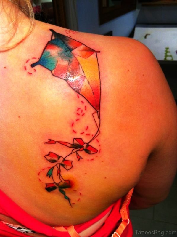 Glossy Multicolor Kite Tattoo On Shoulder