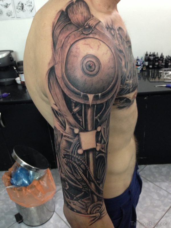 Graceful Bio Mechanical Tattoo On Full Sleeve 