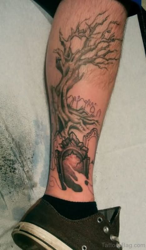Graveyard Tree Tattoo On Leg