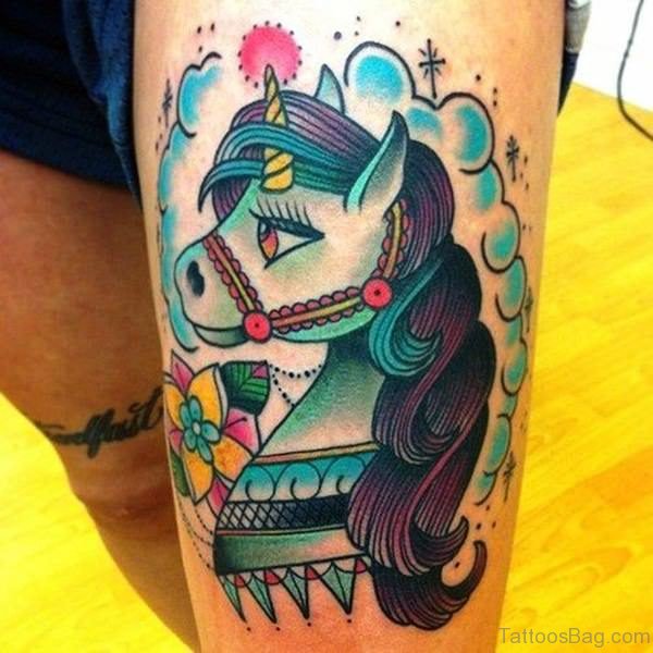 Great Colorful Unicorn Tattoo On Thigh