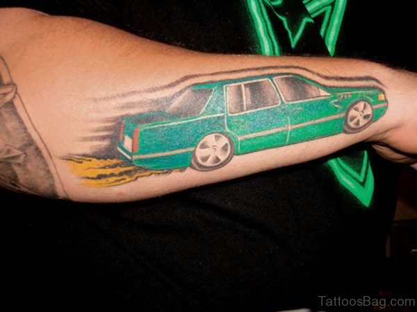 Green Car Tattoo On Arm 
