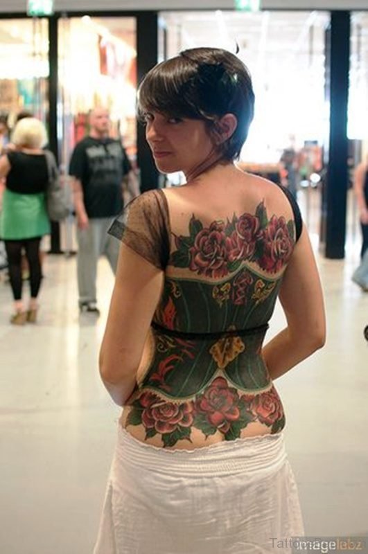 Green Corset Tattoo With Roses