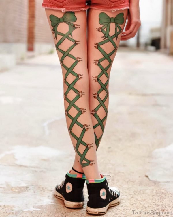 Green Corset Tattoos On Both Legs