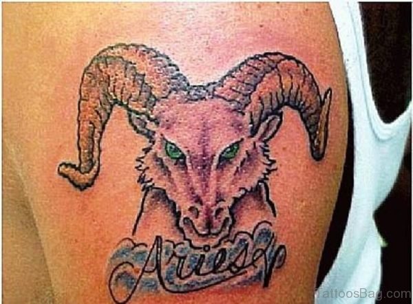 Green Eyed Aries Tattoo On Shoulder