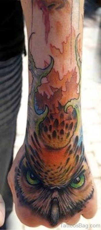 Green Eyed Owl Tattoo On Hand