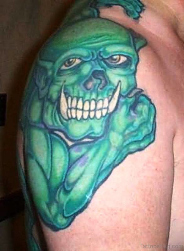Green Gargoyle Tattoo On Shoulder