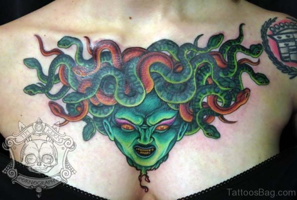 Green Medusa Tattoo On Chest 