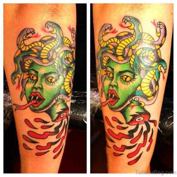 Green Medusa Tattoo on Arm 