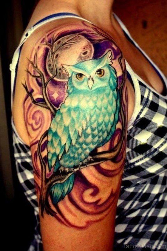 Green Owl Tattoo On Shoulder