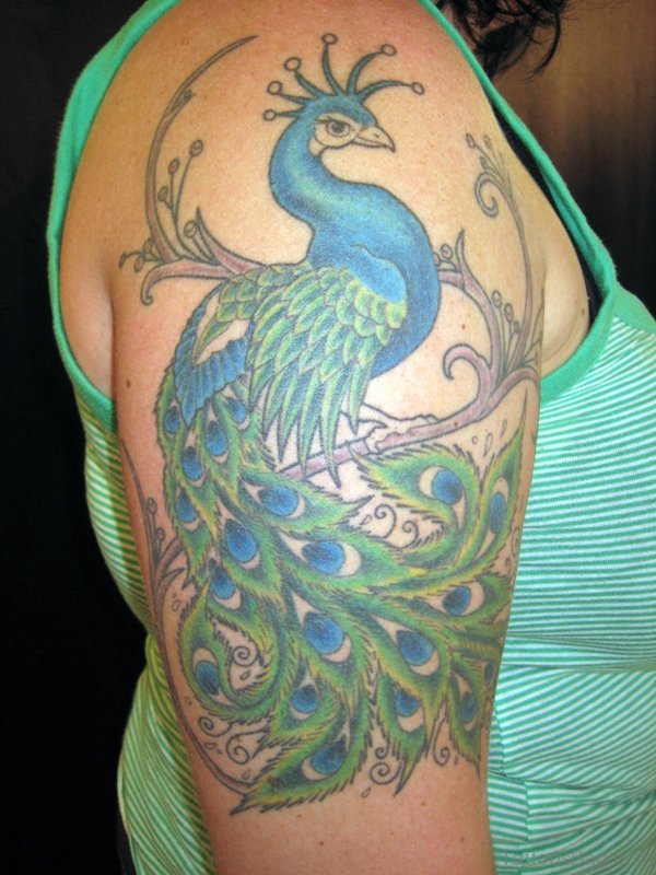 Green Peacock Tattoo On Shoulder