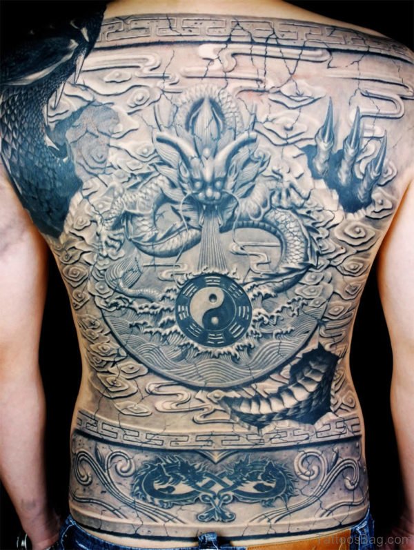 Grey Ink Dragon Tattoo Design On Full Back Body 