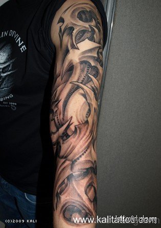 Grey 3D Mechanical Tattoo On Full Sleeve 