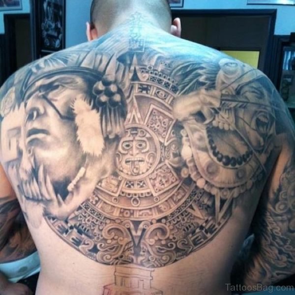 Grey Aztec Tattoo On Back 